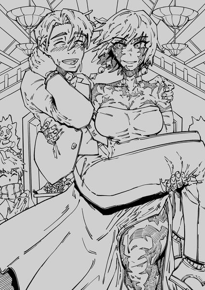 Lineart, Full Body, 2 Characters, Complex Background